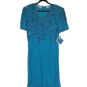 NWT Swee Lo Vintage 80s Deadstock Silk Beaded Turquoise Dress, L (10-12)